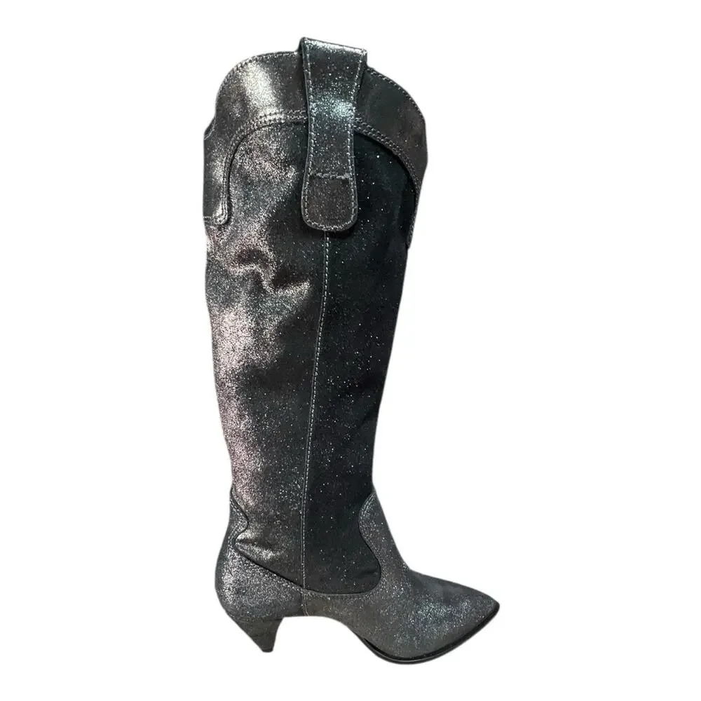 Larroude Louise Boots in Shine Graphite Metallic Suede Leather Size 8.5 - Picture 4 of 8